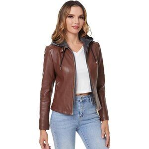 Women Brown  Faux Leather Jacket Hooded Moto Biker Outwear Coat